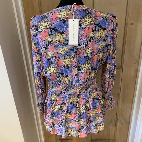 023 - M&S X GHOST Floral Fixed Wrap Top UK 12 V Neck Long Sleeve Shirred NEW - Picture 5 of 8